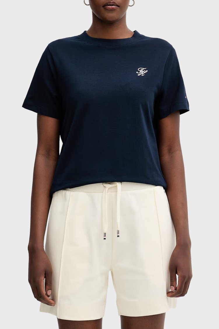Tommy Hilfiger Logolu Regular Fit Bisiklet Yaka Kadın T Shirt WW0WW49941 C1G Lacivert - Tommy Hilfiger