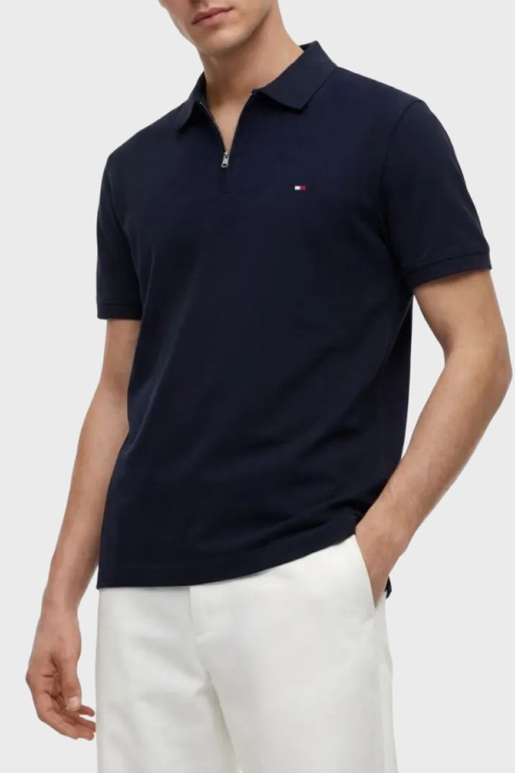 Tommy Hilfiger Pamuk Karışımlı Regular Fit Yarım Fermuarlı Erkek Polo Yaka T Shirt MW0MW43282 DW5 Lacivert - Tommy Hilfiger