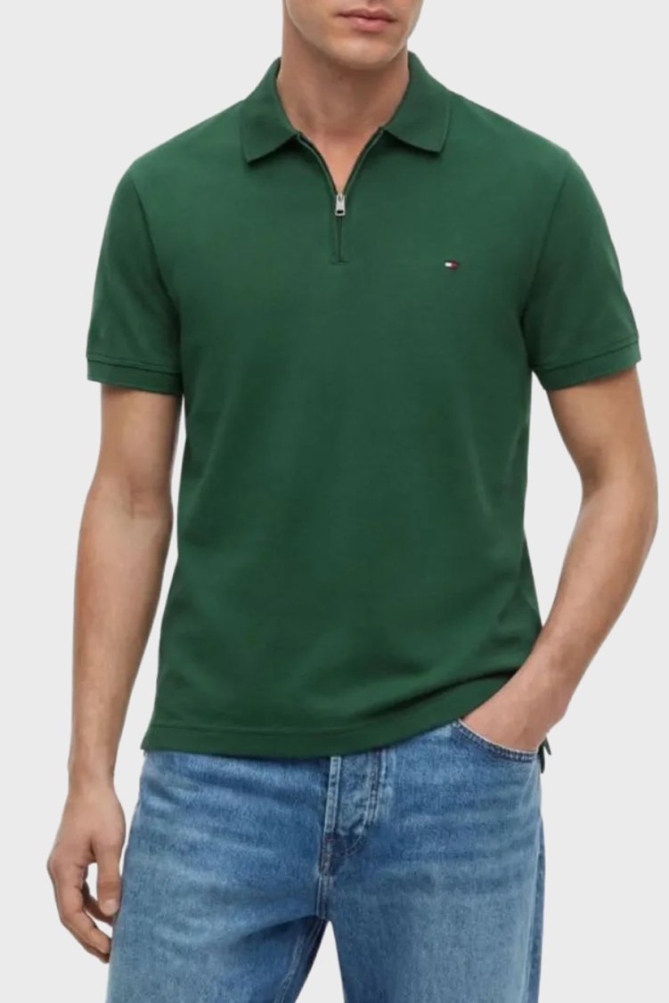 Tommy Hilfiger Pamuk Karışımlı Regular Fit Yarım Fermuarlı Erkek Polo Yaka T Shirt MW0MW43282 L2N Yeşil - Tommy Hilfiger