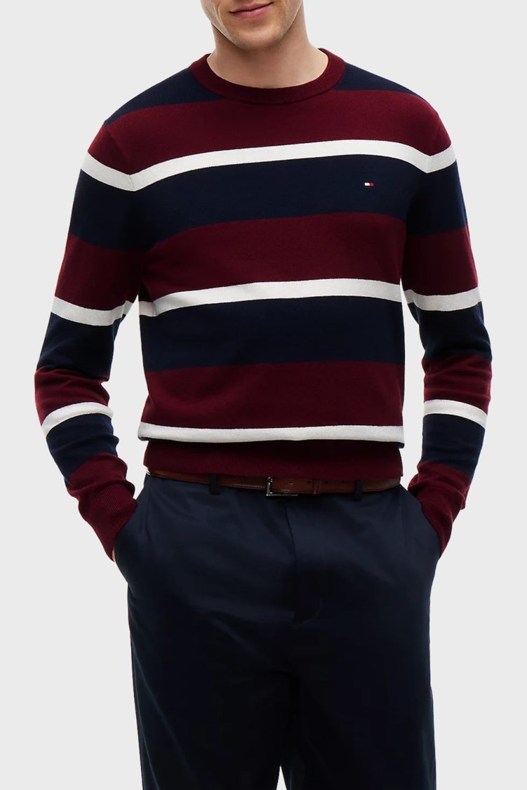 Tommy Hilfiger Pamuk ve Kaşmir Karışımlı Regular Fit Bisiklet Yaka Erkek Kazak MW0MW28046 0A7 Bordo-lacivert - Tommy Hilfiger