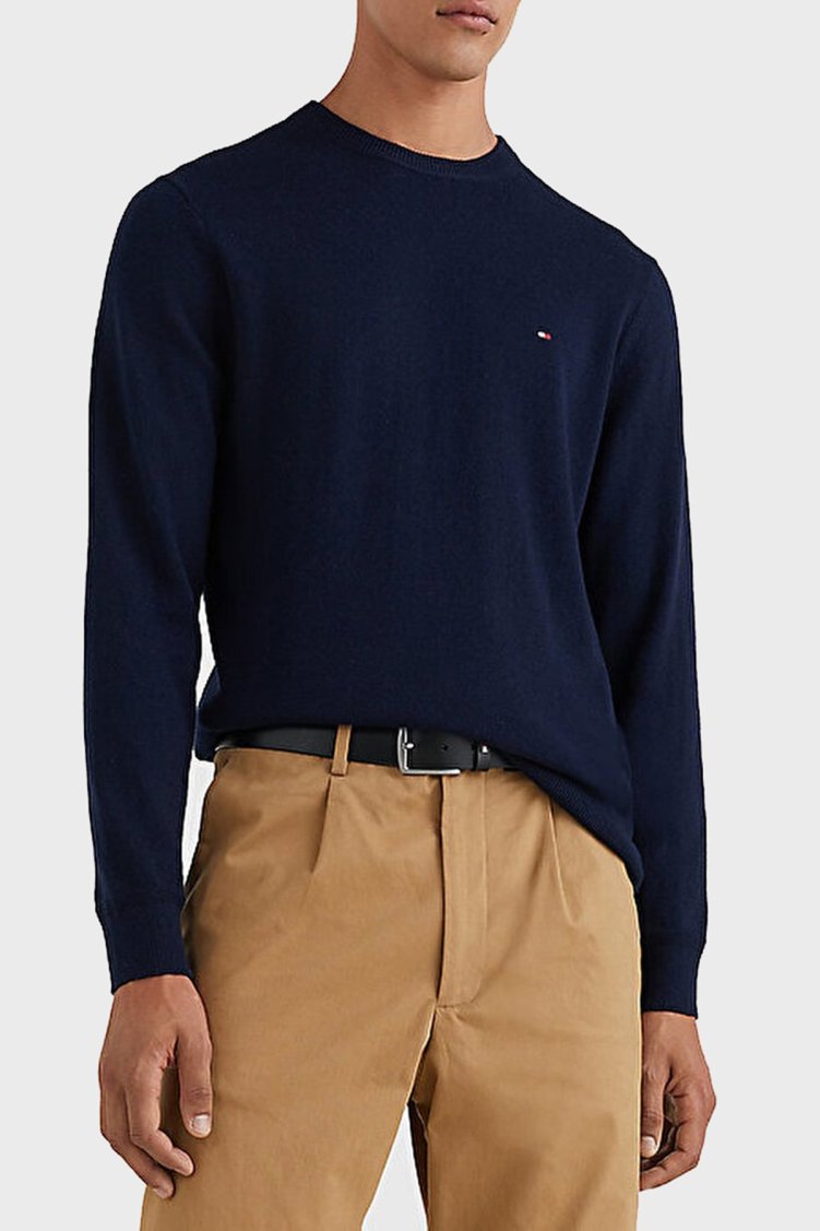 Tommy Hilfiger Pamuk ve Kaşmir Karışımlı Regular Fit Bisiklet Yaka Erkek Kazak MW0MW28046 DW5 LACİVERT - Tommy Hilfiger