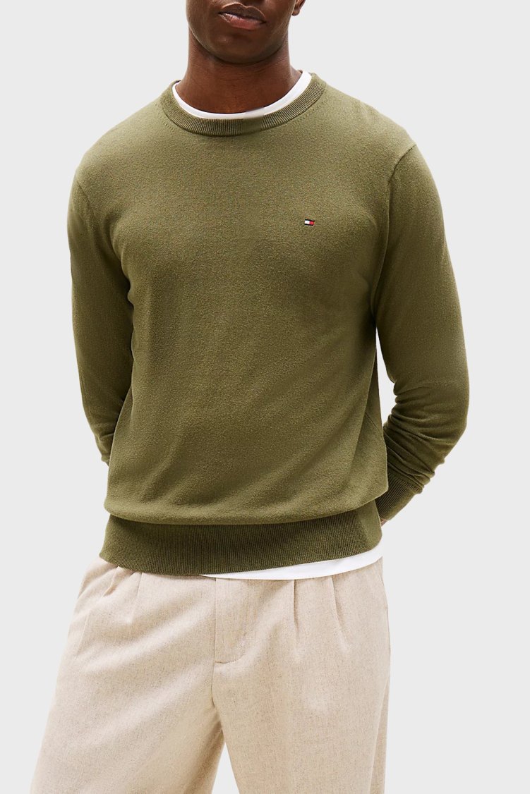 Tommy Hilfiger Pamuk ve Kaşmir Karışımlı Regular Fit Bisiklet Yaka Erkek Kazak MW0MW28046 MT1 YEŞİL - Tommy Hilfiger