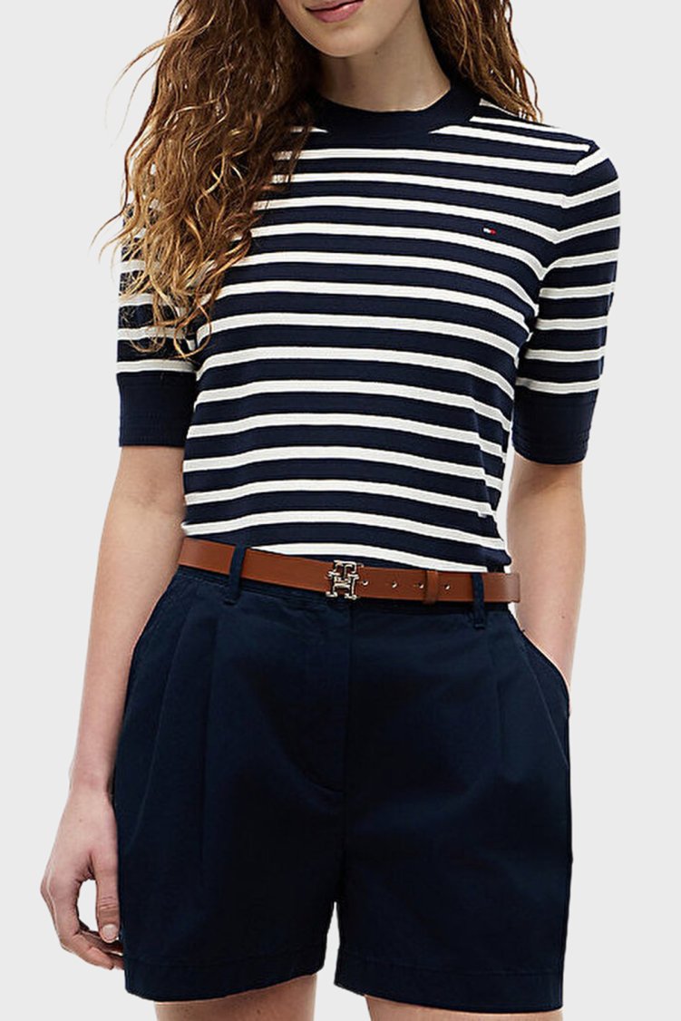 Tommy Hilfiger Pamuklu Kısa Kollu Kadın Kazak WW0WW49705 0A5 Mavi-beyaz - Tommy Hilfiger