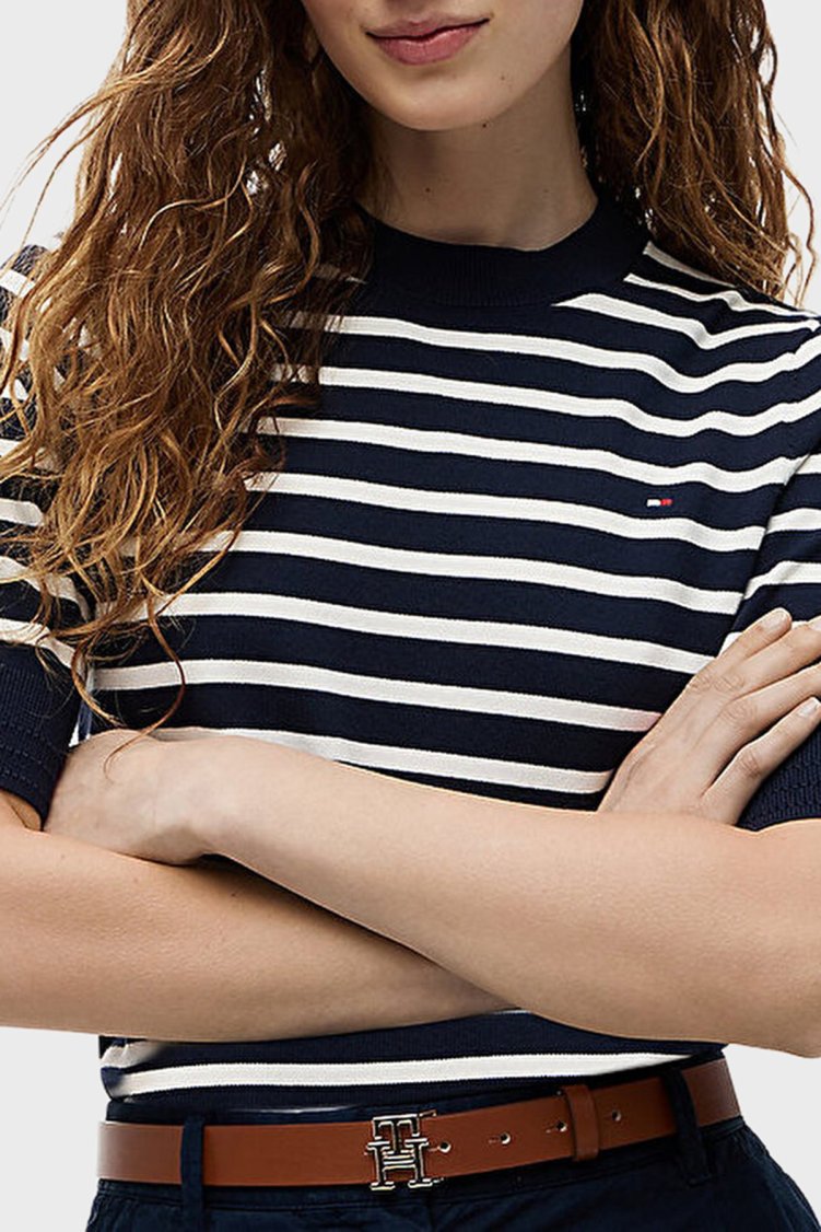 Tommy Hilfiger Pamuklu Kısa Kollu Kadın Kazak WW0WW49705 0A5 Mavi-beyaz - Tommy Hilfiger (1)