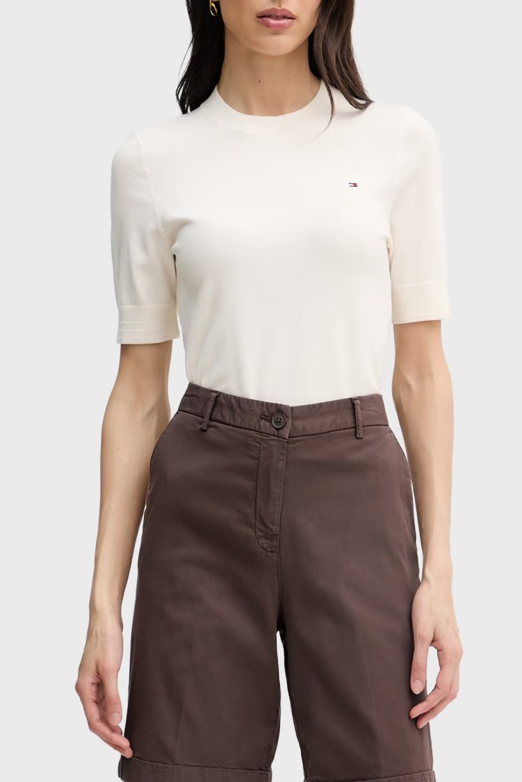 Tommy Hilfiger Pamuklu Kısa Kollu Kadın Kazak WW0WW49705 Z00 Açık bej - Tommy Hilfiger