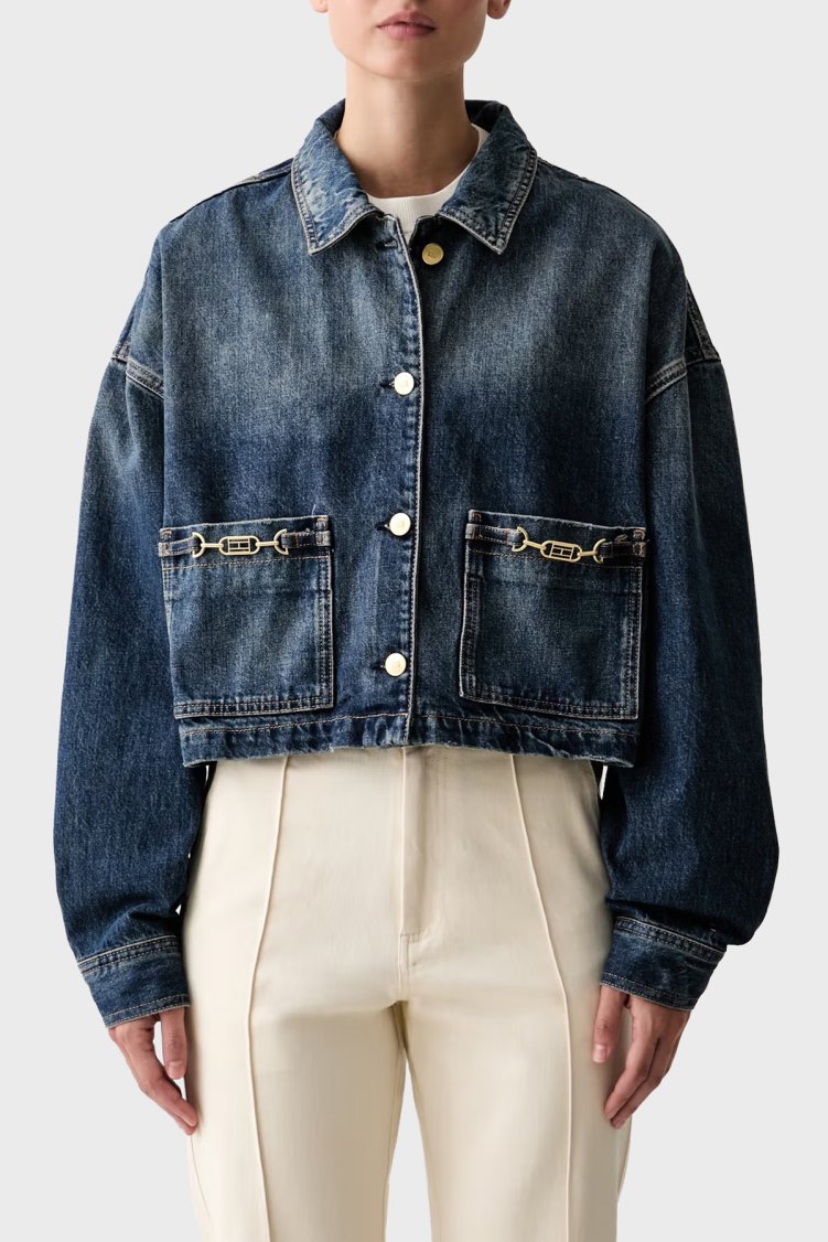 Tommy Hilfiger Pamuklu Klasik Yaka Düğmeli Kadın Kot Ceket WW0WW50962 1A9 Mavi - Tommy Hilfiger