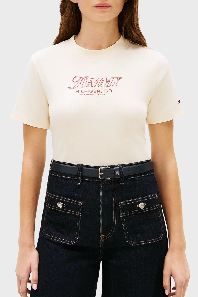 Tommy Hilfiger Pamuklu Logo Baskılı Regular Fit Bisiklet Yaka Kadın T Shirt WW0WW48707 AEF BEJ - Tommy Hilfiger