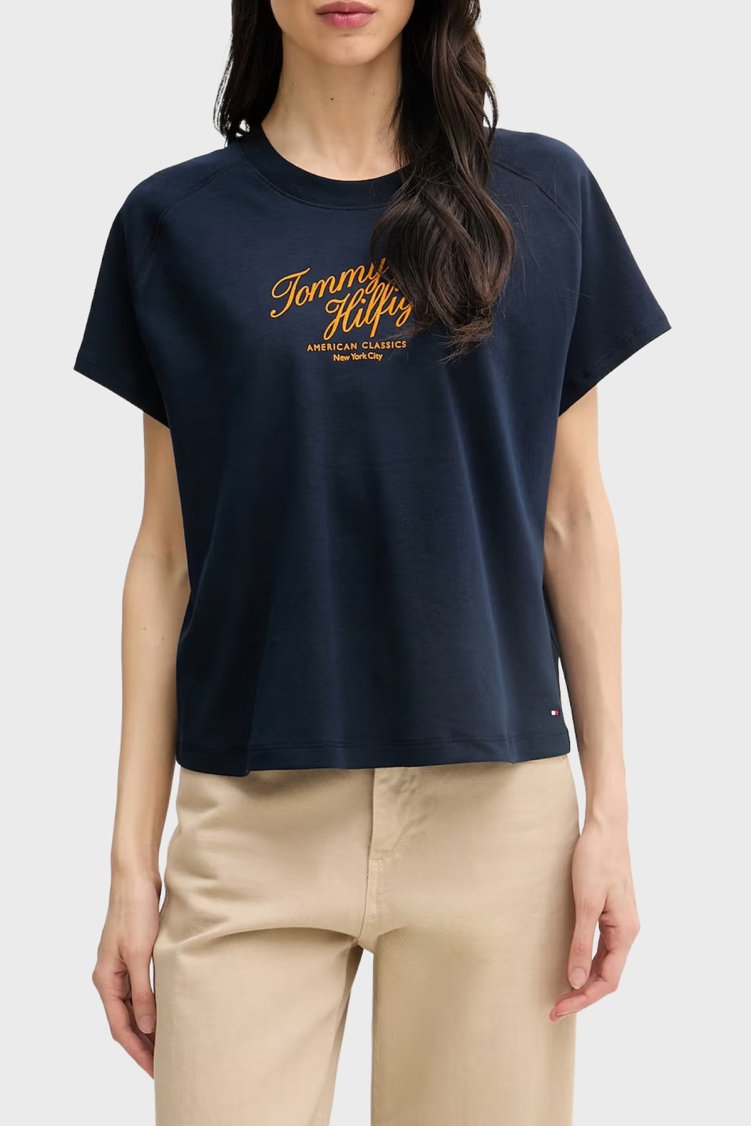 Tommy Hilfiger Pamuklu Logolu Regular Fit Bisiklet Yaka Kadın T Shirt WW0WW50787 C1G LACİVERT - Tommy Hilfiger