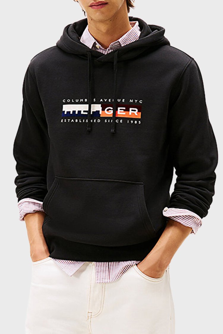 Tommy Hilfiger Pamuklu Regular Fit Baskılı Kapüşon Yaka Erkek Sweat MW0MW40041 BDS SİYAH - Tommy Hilfiger