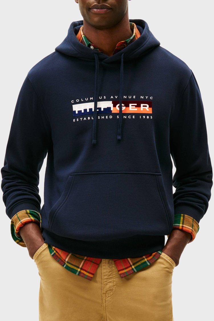 Tommy Hilfiger Pamuklu Regular Fit Baskılı Kapüşon Yaka Erkek Sweat MW0MW40041 DW5 LACİVERT - Tommy Hilfiger