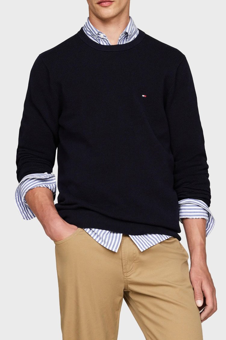 Tommy Hilfiger Pamuklu Regular Fit Bisiklet Yaka Erkek Kazak MW0MW36347 DW5 LACİVERT - Tommy Hilfiger
