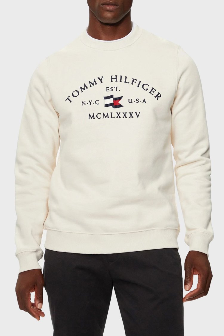 Tommy Hilfiger Pamuklu Regular Fit Bisiklet Yaka Logo Nakışlı Erkek Sweat MW0MW35526 Z00 AÇIK BEJ - Tommy Hilfiger