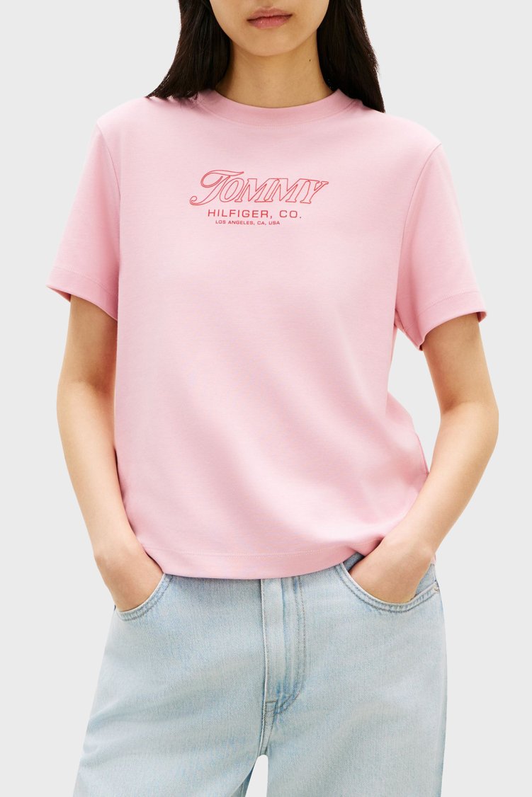 Tommy Hilfiger Pamuklu Regular Fit Bisiklet Yaka Logolu Bayan T Shirt WW0WW48707 TPG AÇIK PEMBE - Tommy Hilfiger