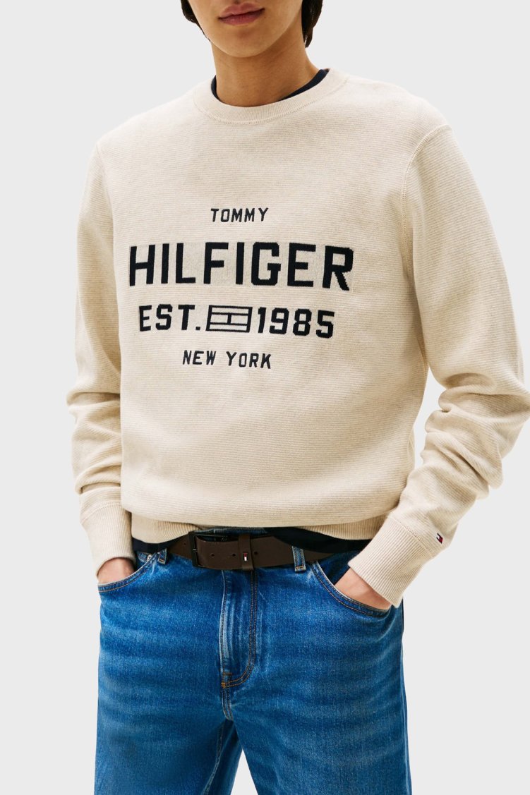Tommy Hilfiger Pamuklu Regular Fit Bisiklet Yaka Logolu Erkek Kazak MW0MW39533 HGF BEJ - Tommy Hilfiger