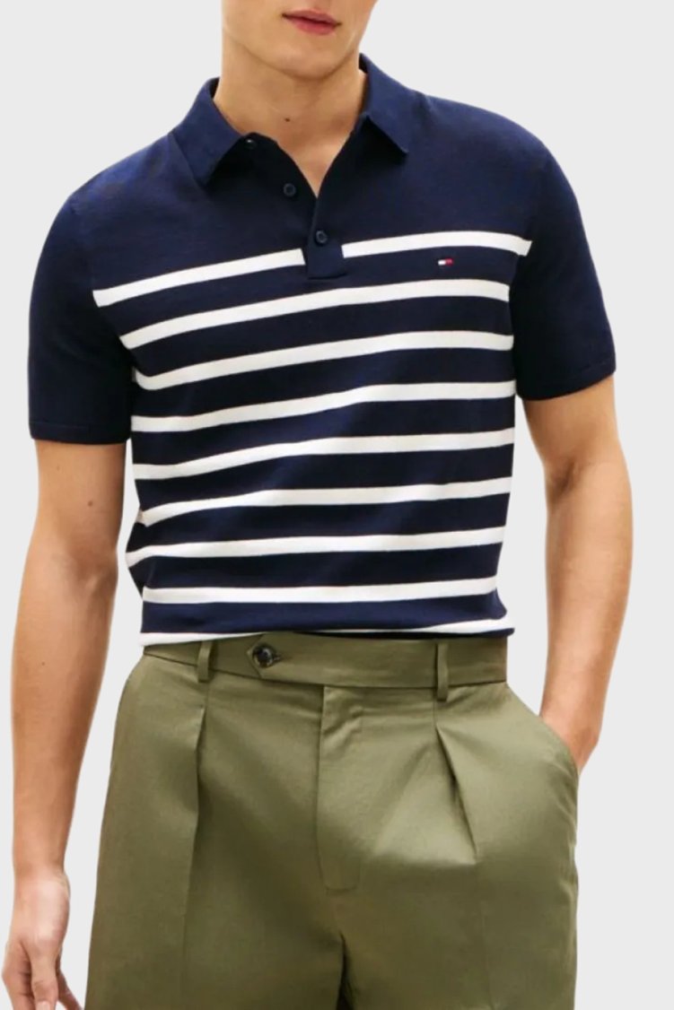 Tommy Hilfiger Pamuklu Regular Fit Çizgili Erkek Polo Yaka T Shirt MW0MW37396 0A4 LACİVERT-BEYAZ - Tommy Hilfiger