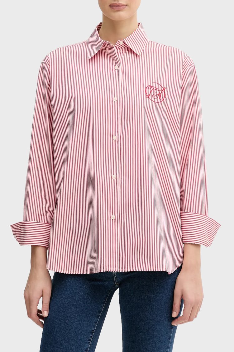 Tommy Hilfiger Pamuklu Regular Fit Çizgili Uzun Kollu Bayan Gömlek WW0WW48190 0E7 KIRMIZI - Tommy Hilfiger