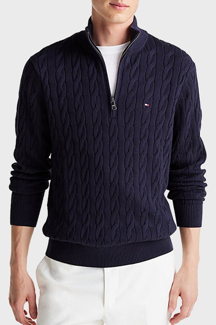 Tommy Hilfiger Pamuklu Regular Fit Dik Yaka Erkek Kazak MW0MW36532 DW5 LACİVERT - Tommy Hilfiger