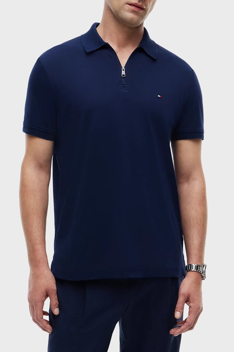 Tommy Hilfiger Pamuklu Regular Fit Logolu Fermuarlı Erkek Polo Yaka T Shirt MW0MW42758 DCC LACİVERT - Tommy Hilfiger
