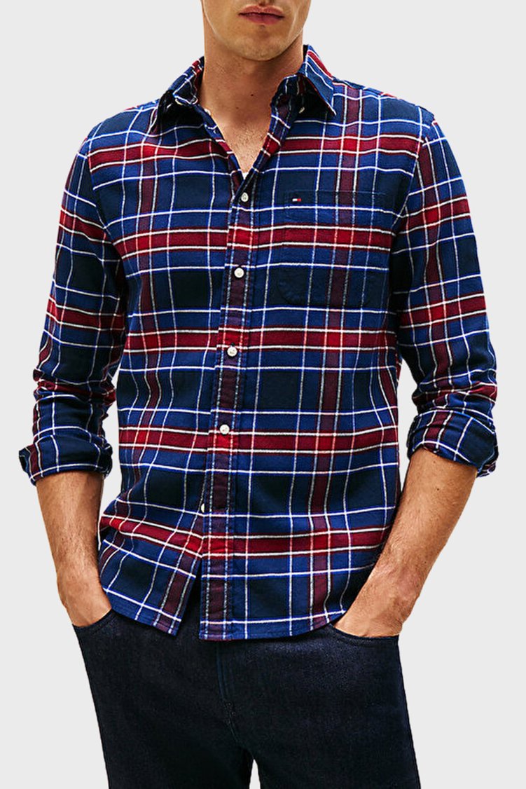 Tommy Hilfiger Pamuklu Regular Fit Uzun Kollu Ekoseli Erkek Gömlek MW0MW40473 0MS LACİVERT-BEYAZ - Tommy Hilfiger