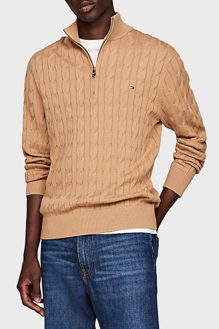 Tommy Hilfiger Pamuklu Regular Fit Yarım Fermuarlı Dik Yaka Erkek Kazak MW0MW36532 RBC KOYU HAKİ - Tommy Hilfiger