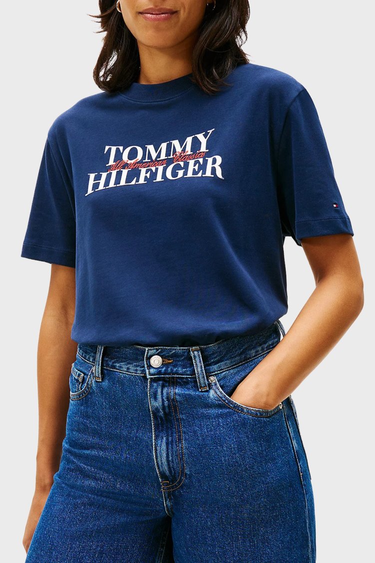 Tommy Hilfiger Pamuklu Relaxed Fit Bisiklet Yaka Bayan T Shirt WW0WW47884 C1G LACİVERT - Tommy Hilfiger