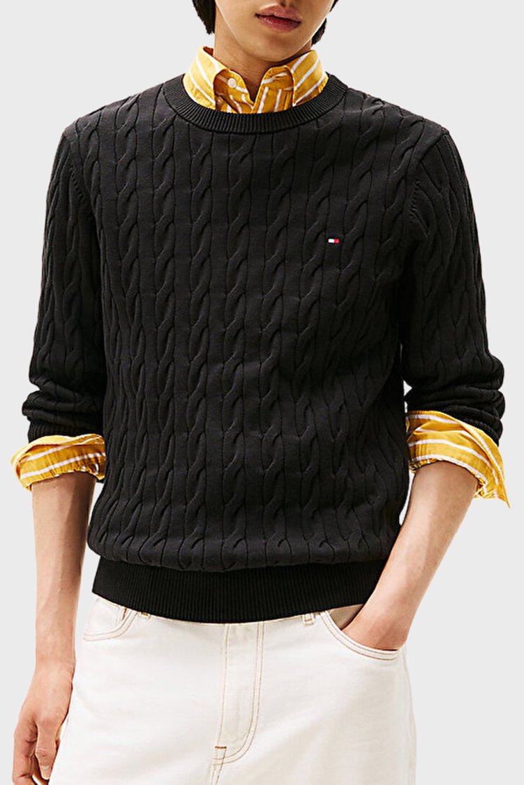 Tommy Hilfiger Pamuklu Relaxed Fit Örgülü Bisiklet Yaka Erkek Kazak MW0MW33132 BDS SİYAH - Tommy Hilfiger