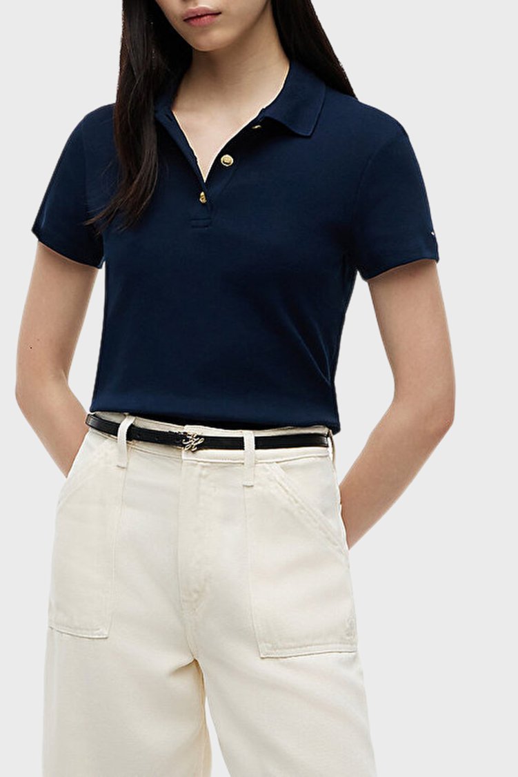 Tommy Hilfiger Pamuklu Slim Fit Düğmeli Bayan Polo Yaka T Shirt WW0WW49252 C1G LACİVERT - Tommy Hilfiger