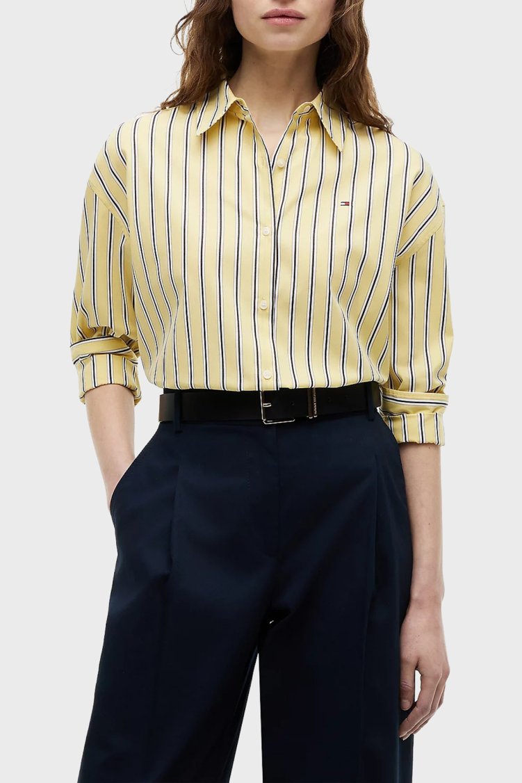 Tommy Hilfiger Poplin Çizgili Boxy Kadın Gömlek WW0WW49940 0FR Sarı - Tommy Hilfiger