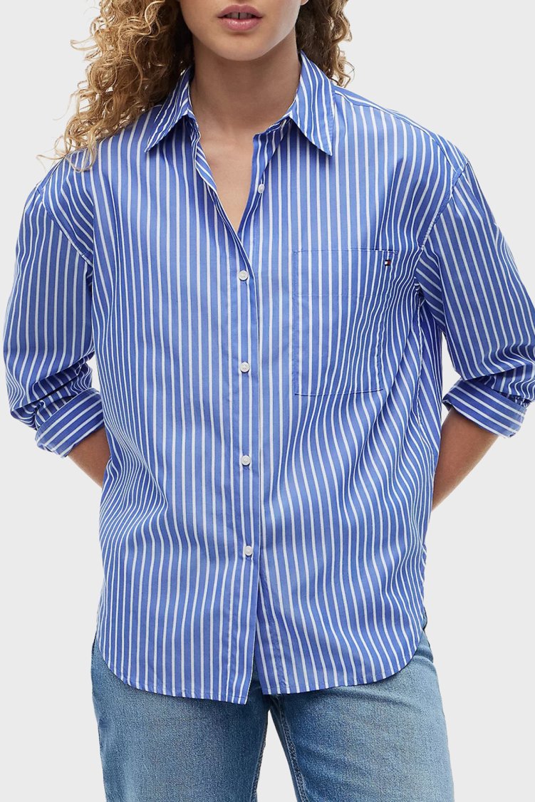 Tommy Hilfiger Poplin Çizgili Oversize Kadın Gömlek WW0WW51120 0BH Mavi - Tommy Hilfiger
