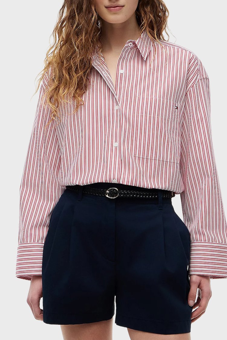 Tommy Hilfiger Poplin Çizgili Oversize Kadın Gömlek WW0WW51129 0FC Beyaz-kırmızı - Tommy Hilfiger