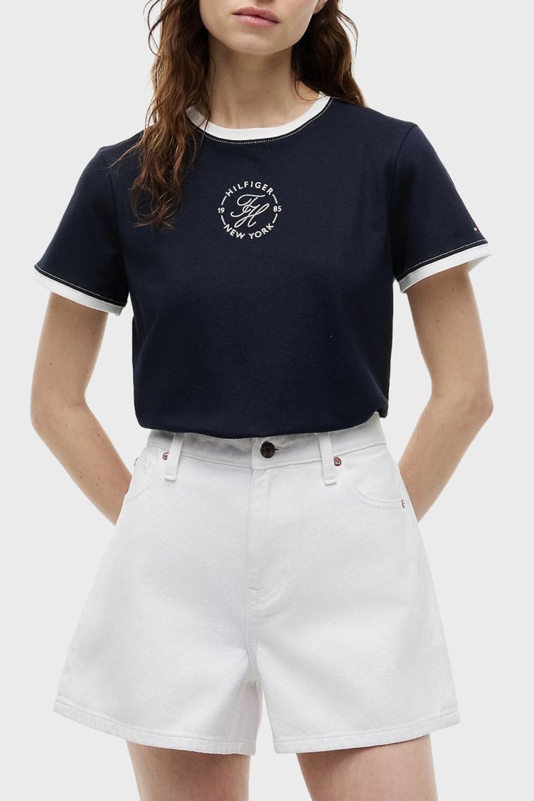 Tommy Hilfiger Regular Fit Bisiklet Yaka Kadın T Shirt WW0WW50032 C1G Lacivert - Tommy Hilfiger