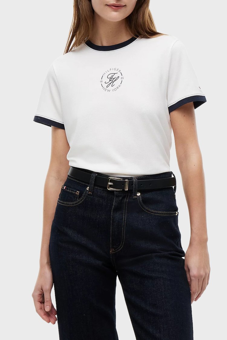Tommy Hilfiger Regular Fit Bisiklet Yaka Kadın T Shirt WW0WW50032 YBL Beyaz - Tommy Hilfiger