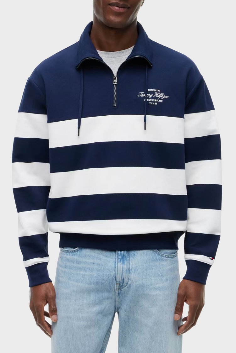 Tommy Hilfiger Relaxed Fit Fermuarlı Yaka Çizgili Erkek Sweat MW0MW43190 DCC Lacivert - Tommy Hilfiger