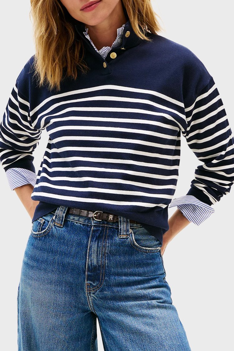 Tommy Hilfiger Şeritli Pamuklu Regular Fit Düğmeli Balıkçı Yaka Bayan Kazak WW0WW47467 0FI LACİVERT-BEYAZ - Tommy Hilfiger