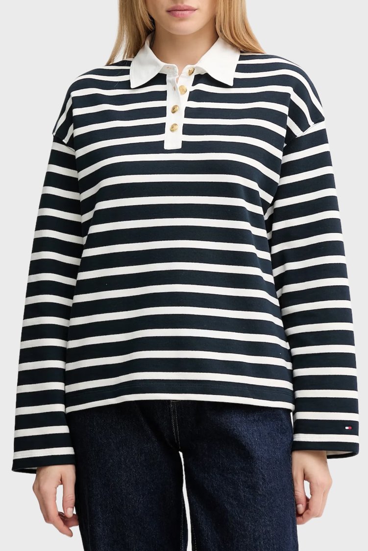 Tommy Hilfiger Şeritli Pamuklu Relaxed Fit Düğmeli Bayan Polo Yaka Sweat WW0WW47457 0Y7 LACİVERT-BEYAZ - Tommy Hilfiger