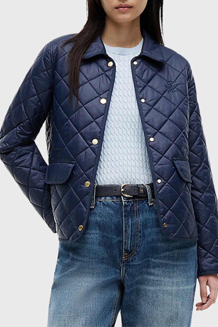 Tommy Hilfiger Slim Fit Cepli Çıtçıtlı Kapitone Kadın Mont WW0WW50936 C1G Lacivert - Tommy Hilfiger