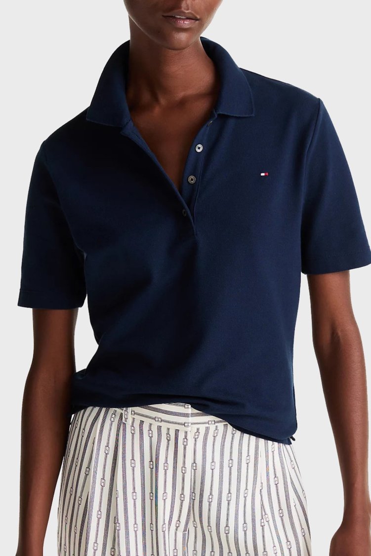 Tommy Hilfiger Streç Pamuklu Regular Fit Düğmeli Bayan Polo Yaka T Shirt WW0WW43224 C1G LACİVERT - Tommy Hilfiger