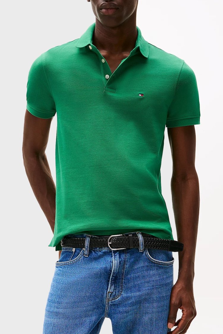Tommy Hilfiger Streç Pamuklu Slim Fit Düğmeli Erkek Polo Yaka T Shirt MW0MW17771 L4F YEŞİL - Tommy Hilfiger