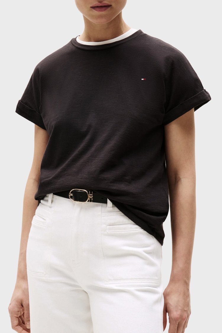 Tommy Hilfiger Yumuşak Dokulu Pamuklu Regular Fit Bisiklet Yaka Bayan T Shirt WW0WW45747 BDS SİYAH - Tommy Hilfiger