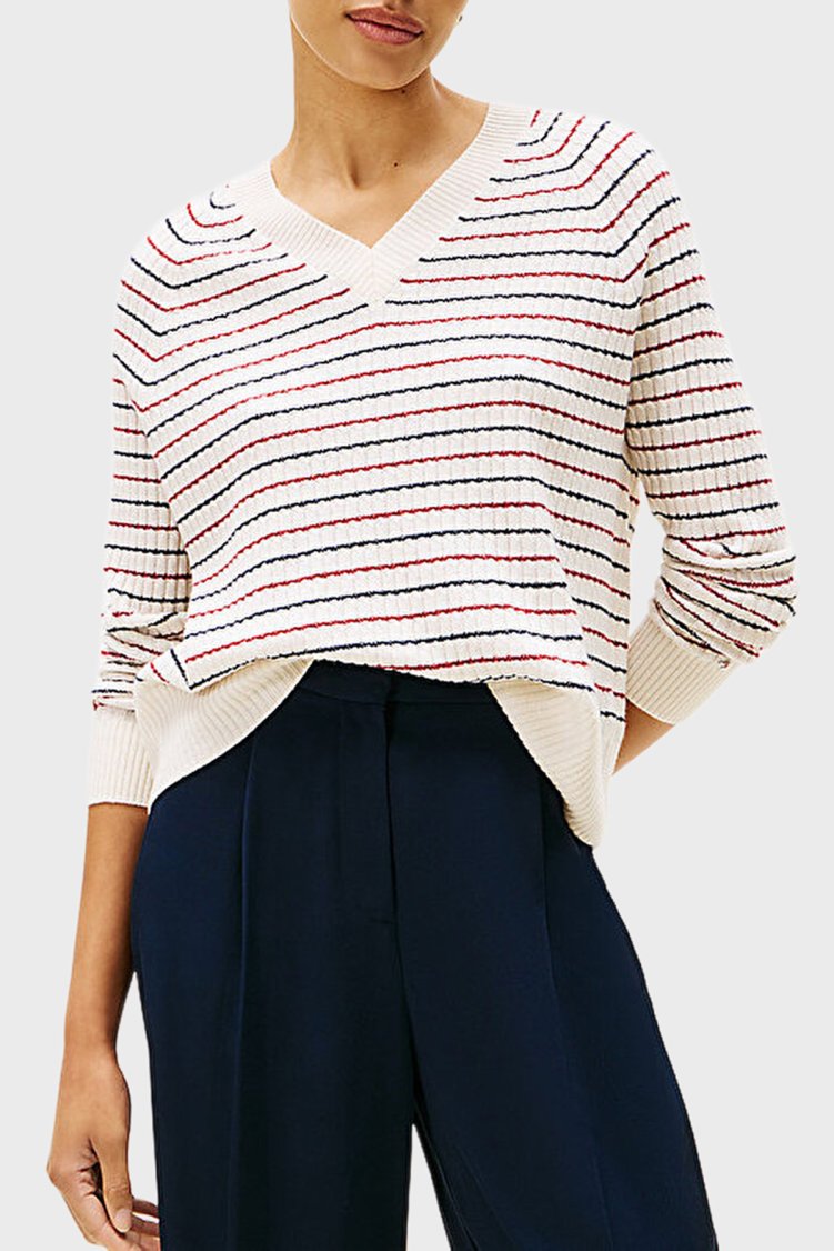 Tommy Hilfiger Yün ve Kaşmir Karışımlı Relaxed Fit V Yaka Bayan Kazak WW0WW46417 0FH BEYAZ-LACİVERT - Tommy Hilfiger