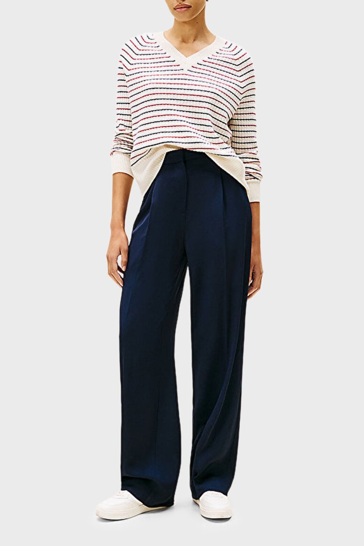 Tommy Hilfiger Yün ve Kaşmir Karışımlı Relaxed Fit V Yaka Bayan Kazak WW0WW46417 0FH BEYAZ-LACİVERT - Tommy Hilfiger (1)