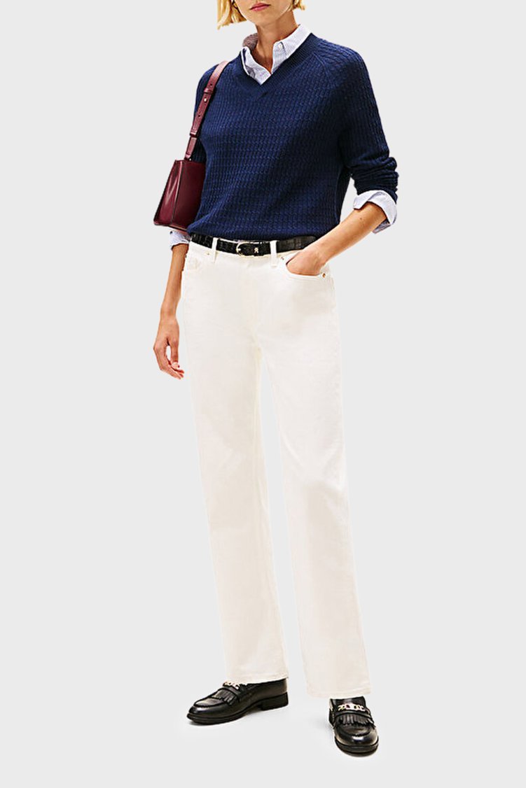 Tommy Hilfiger Yün ve Kaşmir Karışımlı Relaxed Fit V Yaka Bayan Kazak WW0WW46417 0Z0 LACİVERT - Tommy Hilfiger (1)