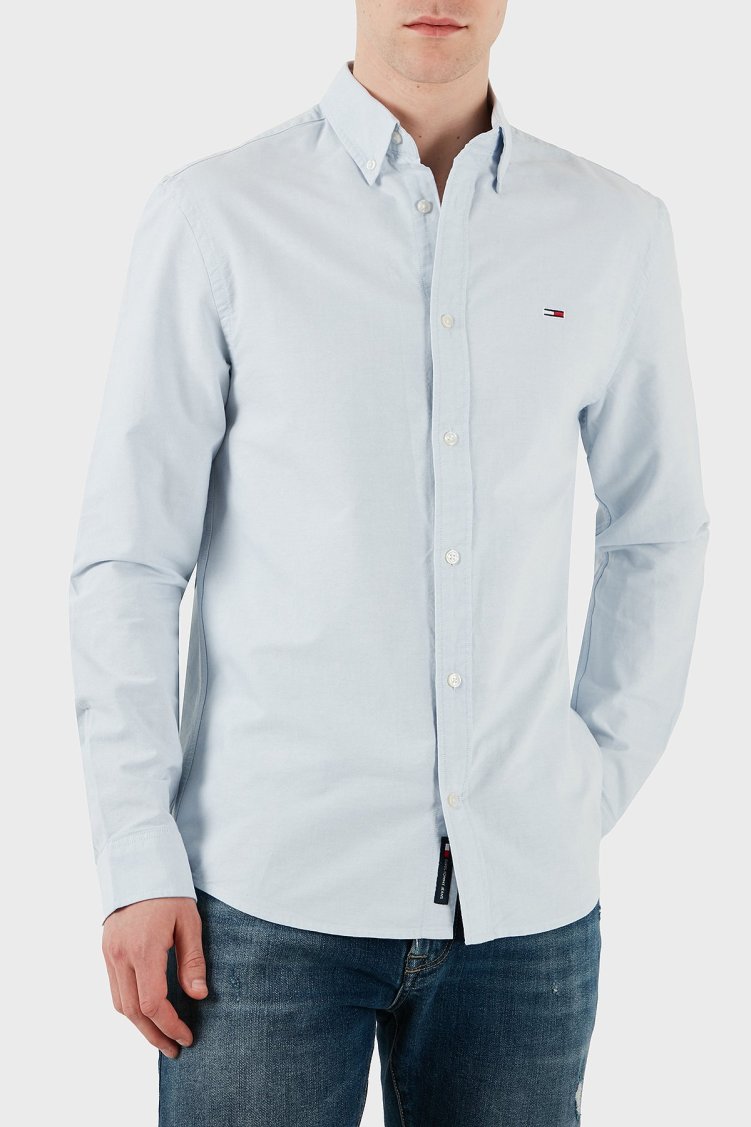 Tommy Jeans % 100 Pamuk Regular Fit Düğmeli Yaka Erkek Gömlek DM0DM21298 C3Q AÇIK MAVİ - Tommy Jeans
