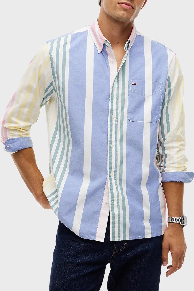 Tommy Jeans %100 Pamuk Relaxed Fit Çizgili Erkek Gömlek DM0DM23246 YBL Beyaz - Tommy Jeans