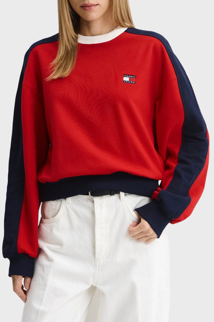 Tommy Jeans % 100 Pamuk Renk Bloklu Bisiklet Yaka Kadın Sweat DW0DW22826 XK9 Kırmızı - Tommy Jeans