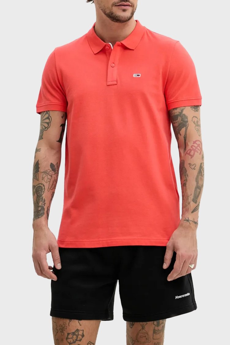 Tommy Jeans % 100 Pamuk Slim Fit Düğmeli Erkek Polo Yaka T Shirt DM0DM20676 SN6 TURUNCU - Tommy Jeans