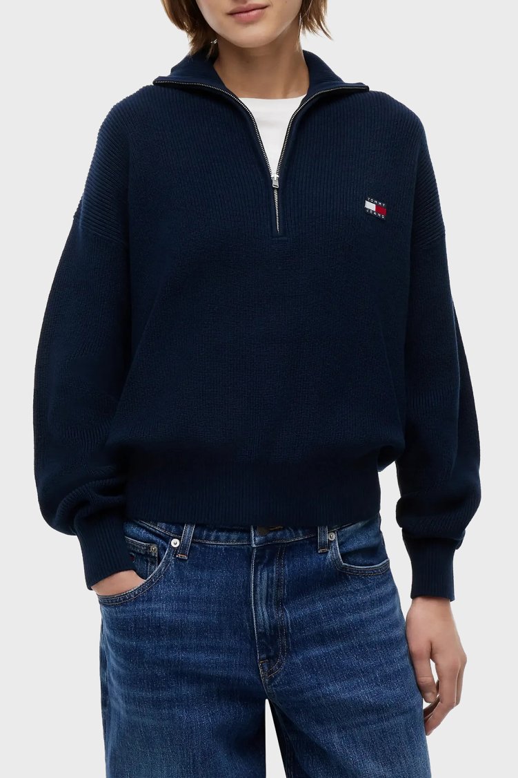 Tommy Jeans % 100 Pamuk Yarım Fermuarlı Balıkçı Yaka Kadın Kazak DW0DW22928 C1G Lacivert - Tommy Jeans