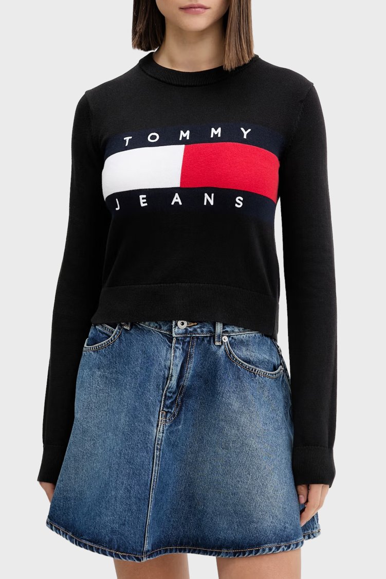 Tommy Jeans Bisiklet Yaka Relaxed Fit Logolu Kadın Kazak DW0DW22930 BDS Siyah - Tommy Jeans
