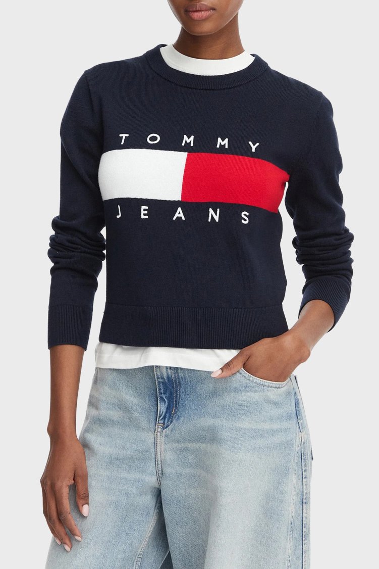 Tommy Jeans Bisiklet Yaka Relaxed Fit Logolu Kadın Kazak DW0DW22930 C1G Lacivert - Tommy Jeans