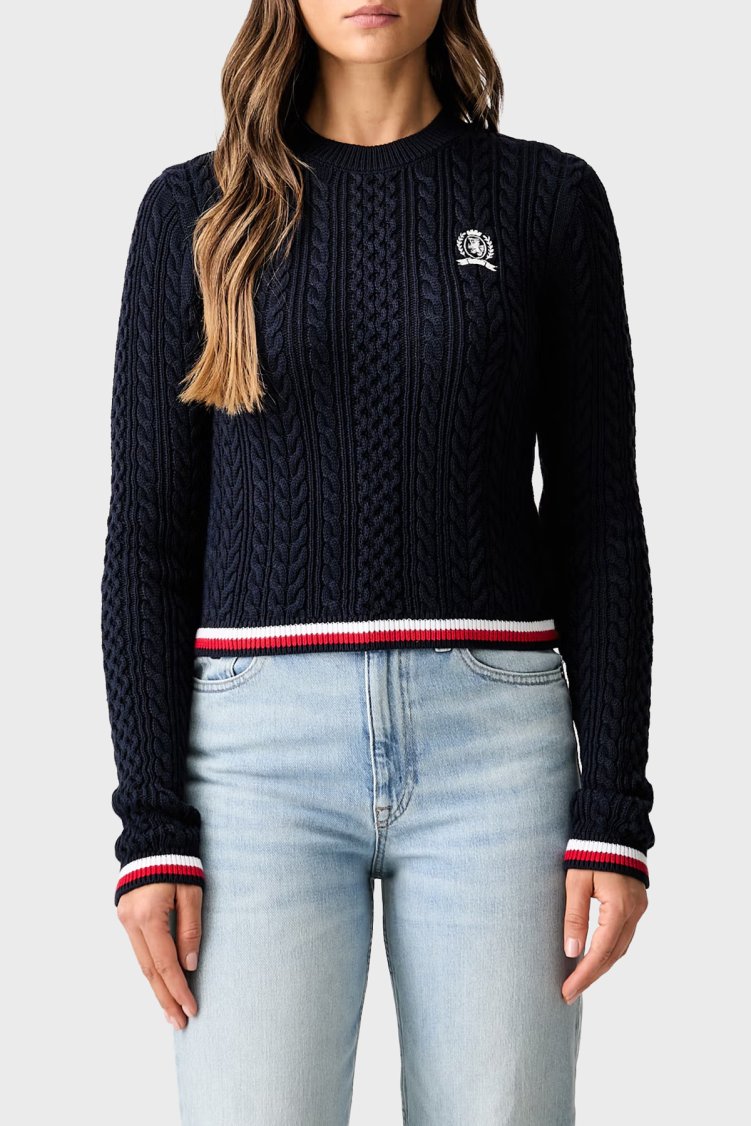 Tommy Jeans Bisiklet Yaka Saç Örgü Kadın Kazak DW0DW22933 C1G Lacivert - Tommy Jeans
